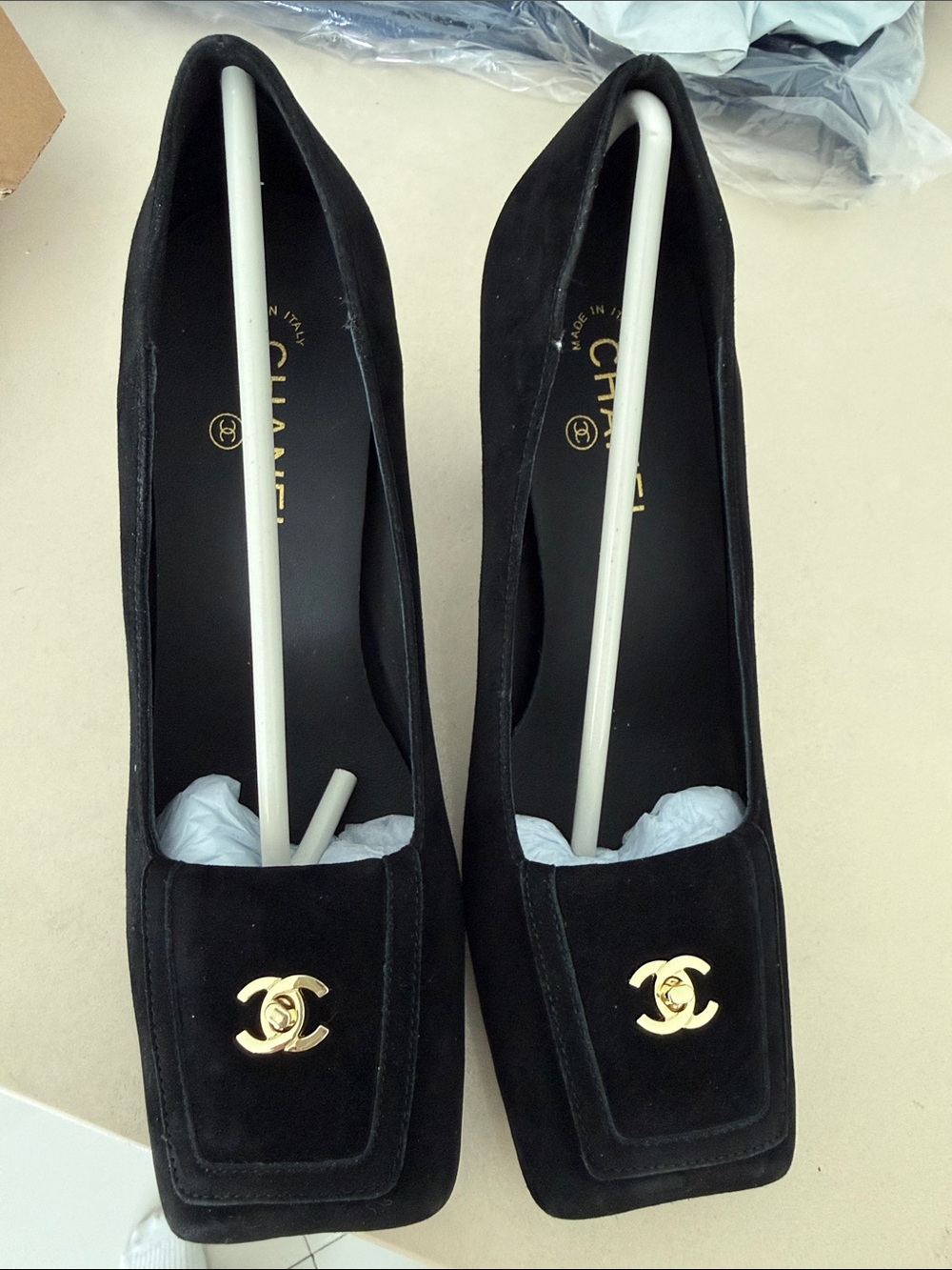 CHANEL Black Suede Square-Toe Flats with Gold CC Medallion